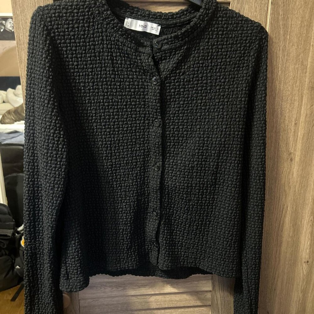 Mango Black Textured Long Sleeve Crew Neck Cardigan Medium